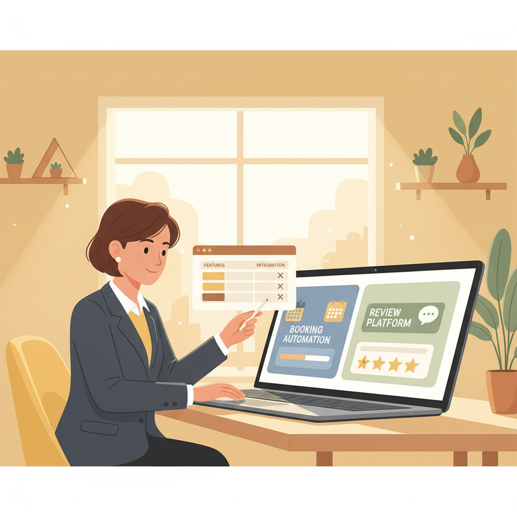 A business owner comparing booking and review automation platforms on a laptop