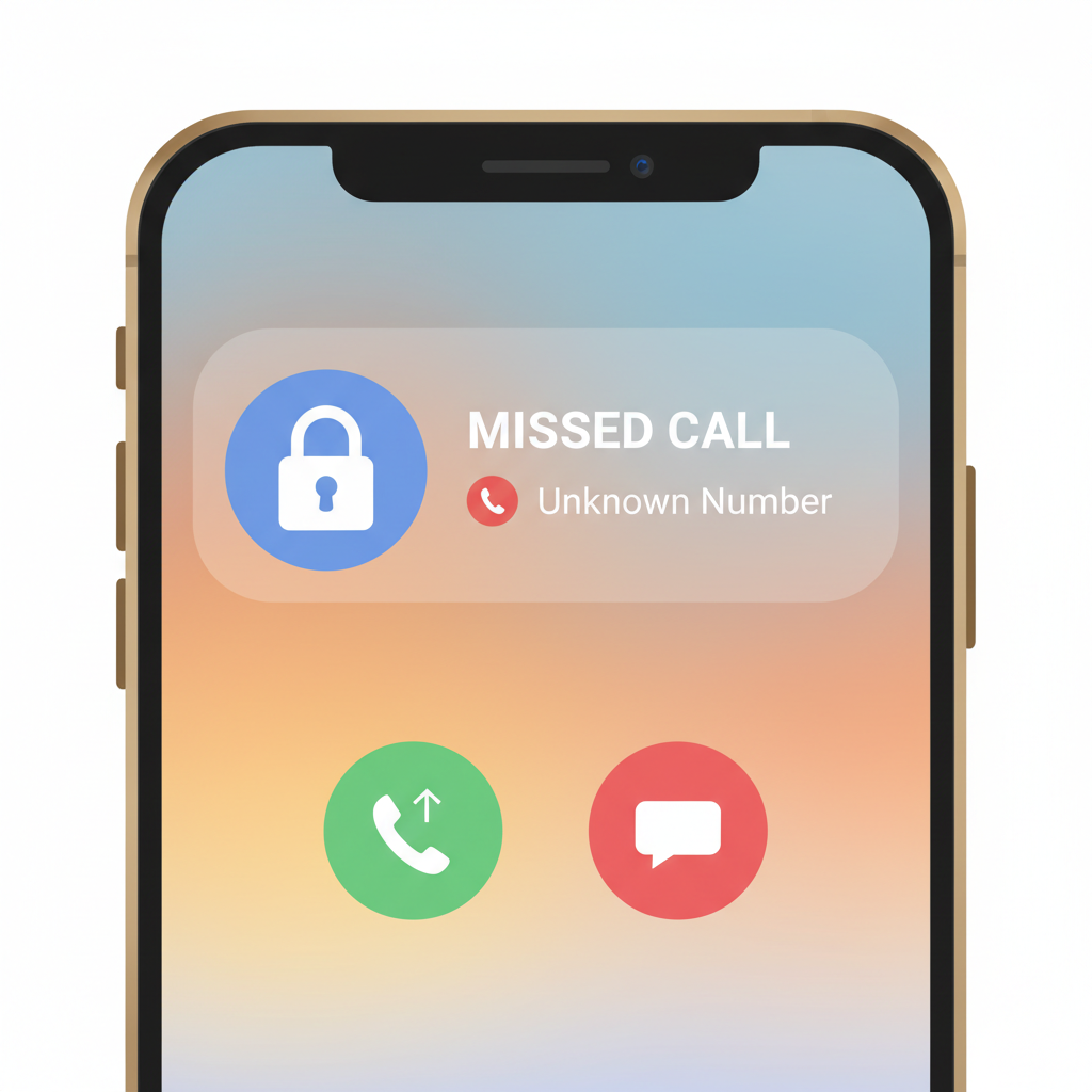 Un primer plano de la pantalla de un iPhone que muestra una notificación de llamada perdida de un número desconocido junto a un icono de candado cerrado, representando el sandboxing de seguridad de Apple.