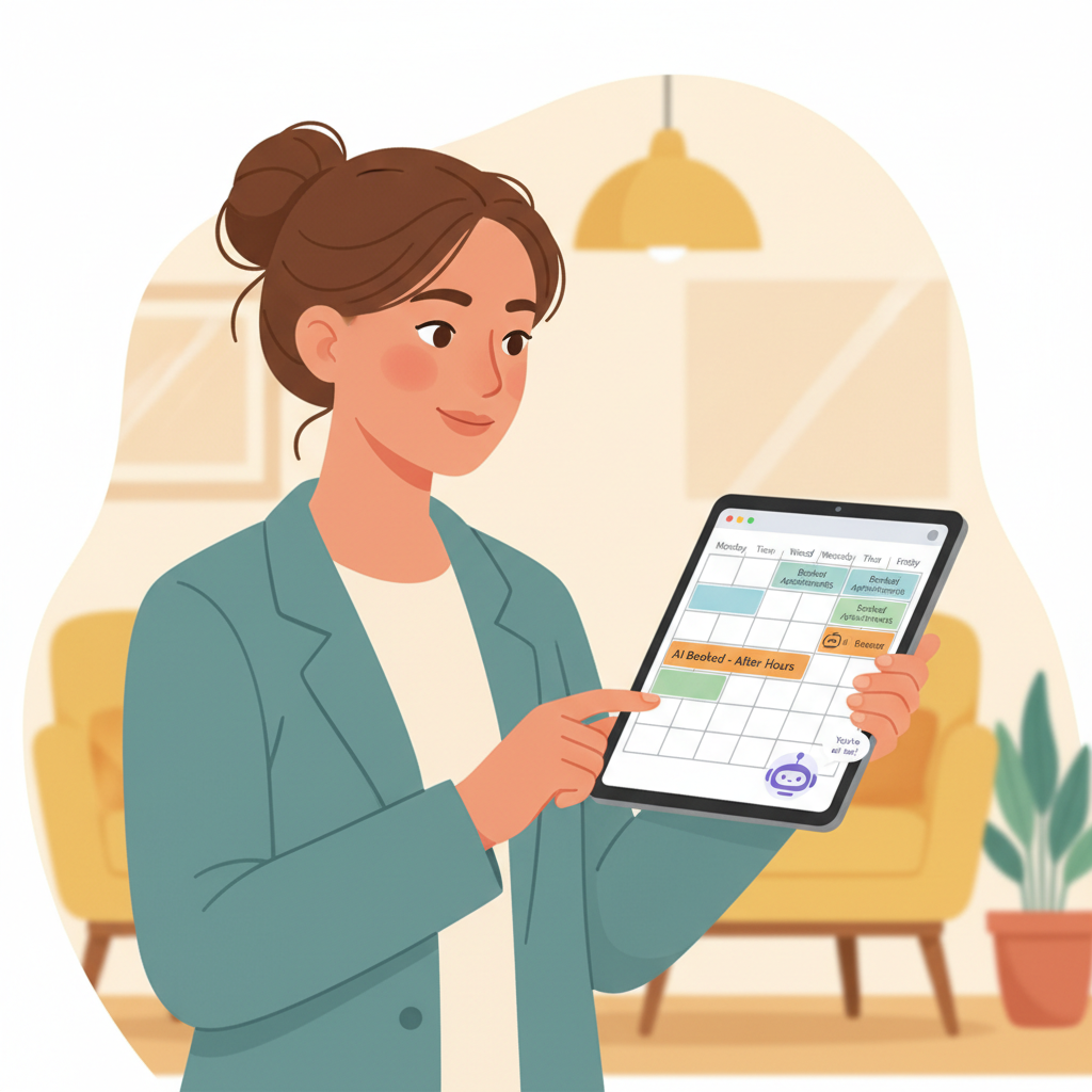 A therapist looking at a tablet showing a fully automated weekly schedule, highlighting appointments booked after hours by the AI assistant