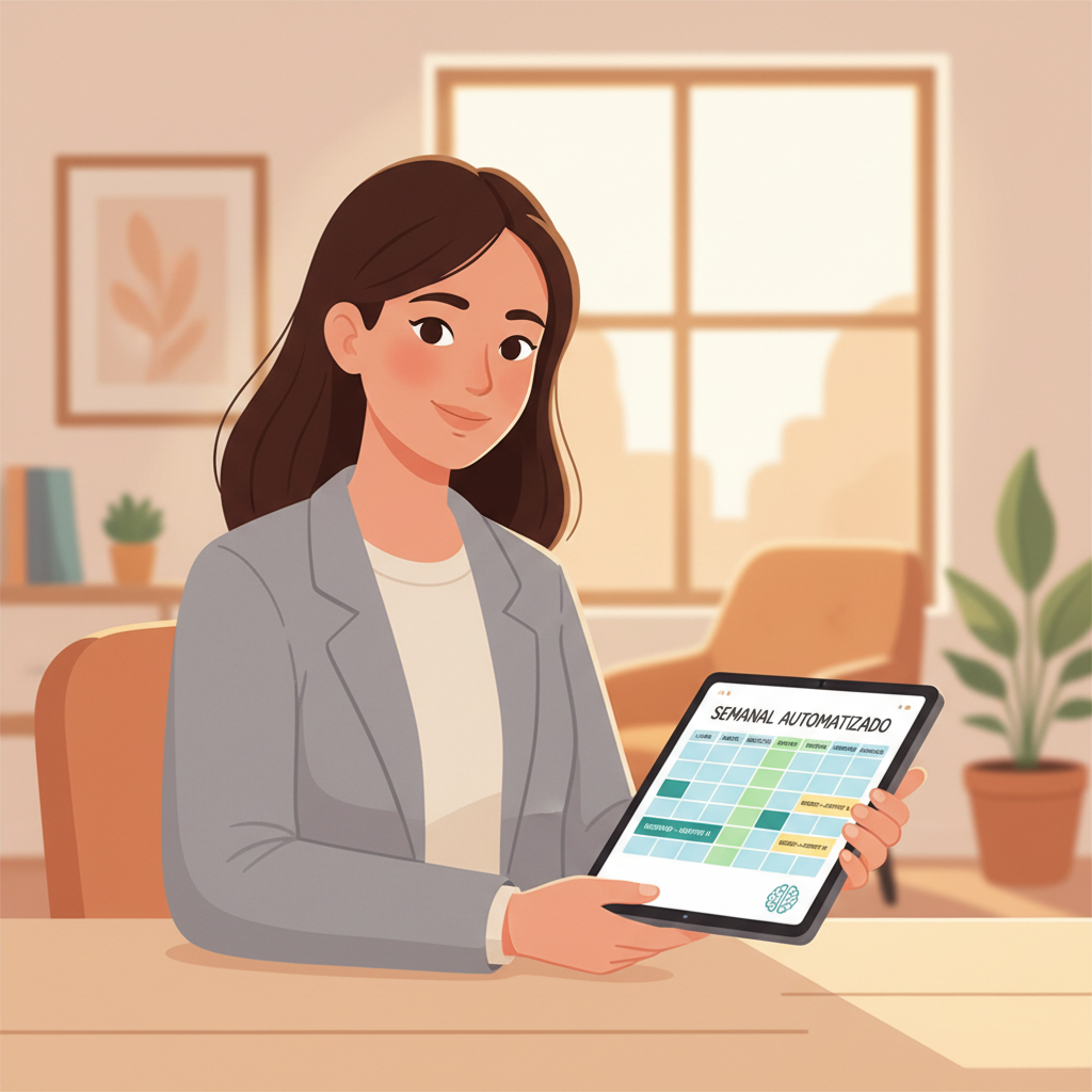 Un terapeuta mirando una tableta que muestra un horario semanal totalmente automatizado, destacando las citas reservadas fuera de horario por el asistente de IA