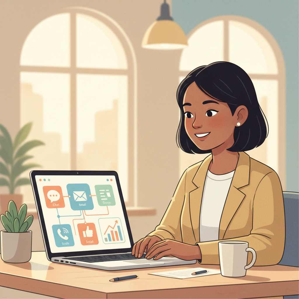 A business owner smiling while looking at a unified customer communication dashboard on a laptop.