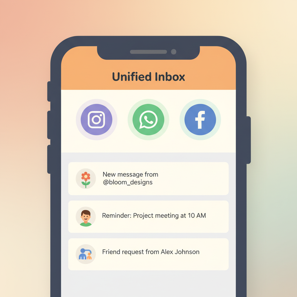 Un primer plano de la pantalla de un teléfono inteligente que muestra una interfaz de bandeja de entrada unificada con mensajes combinados de Instagram, WhatsApp y Facebook.