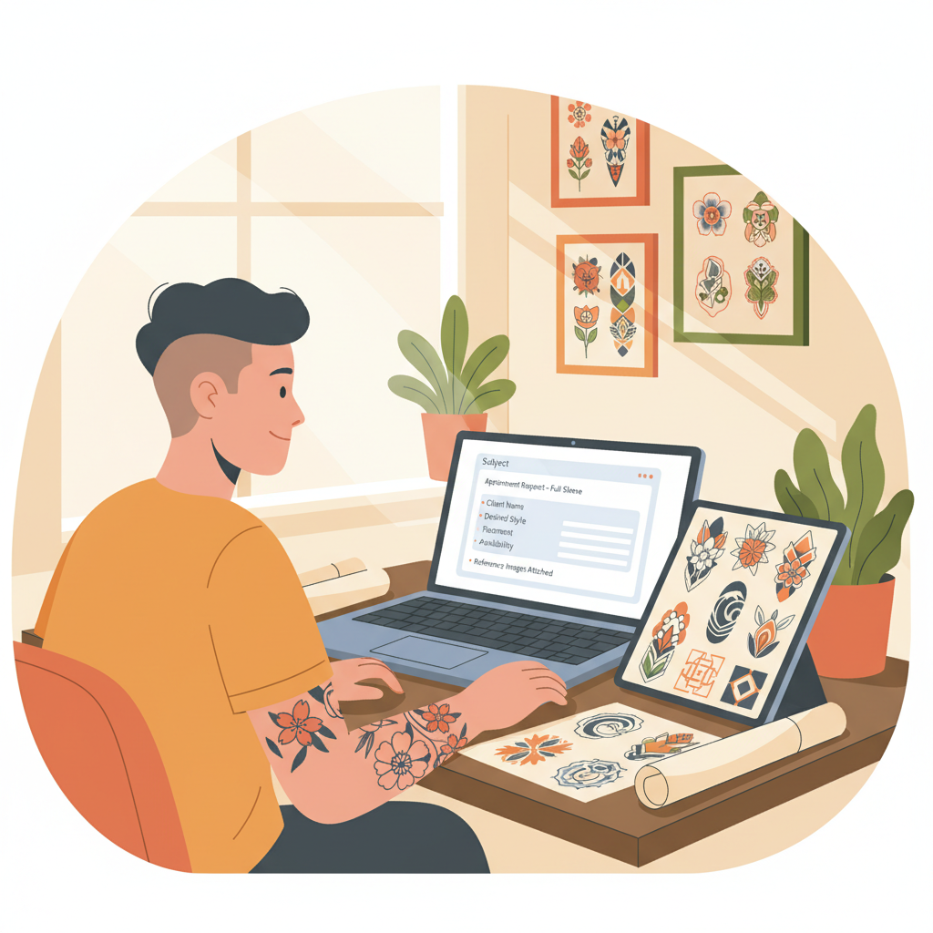 A tattoo artist reviewing a structured booking email on a laptop next to tattoo sketches