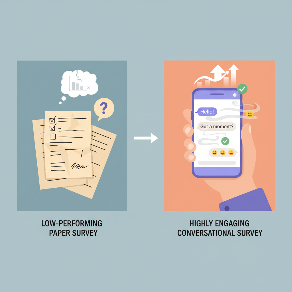 A comparison graphic showing a low-performing paper survey next to a highly engaging smartphone-based conversational survey.