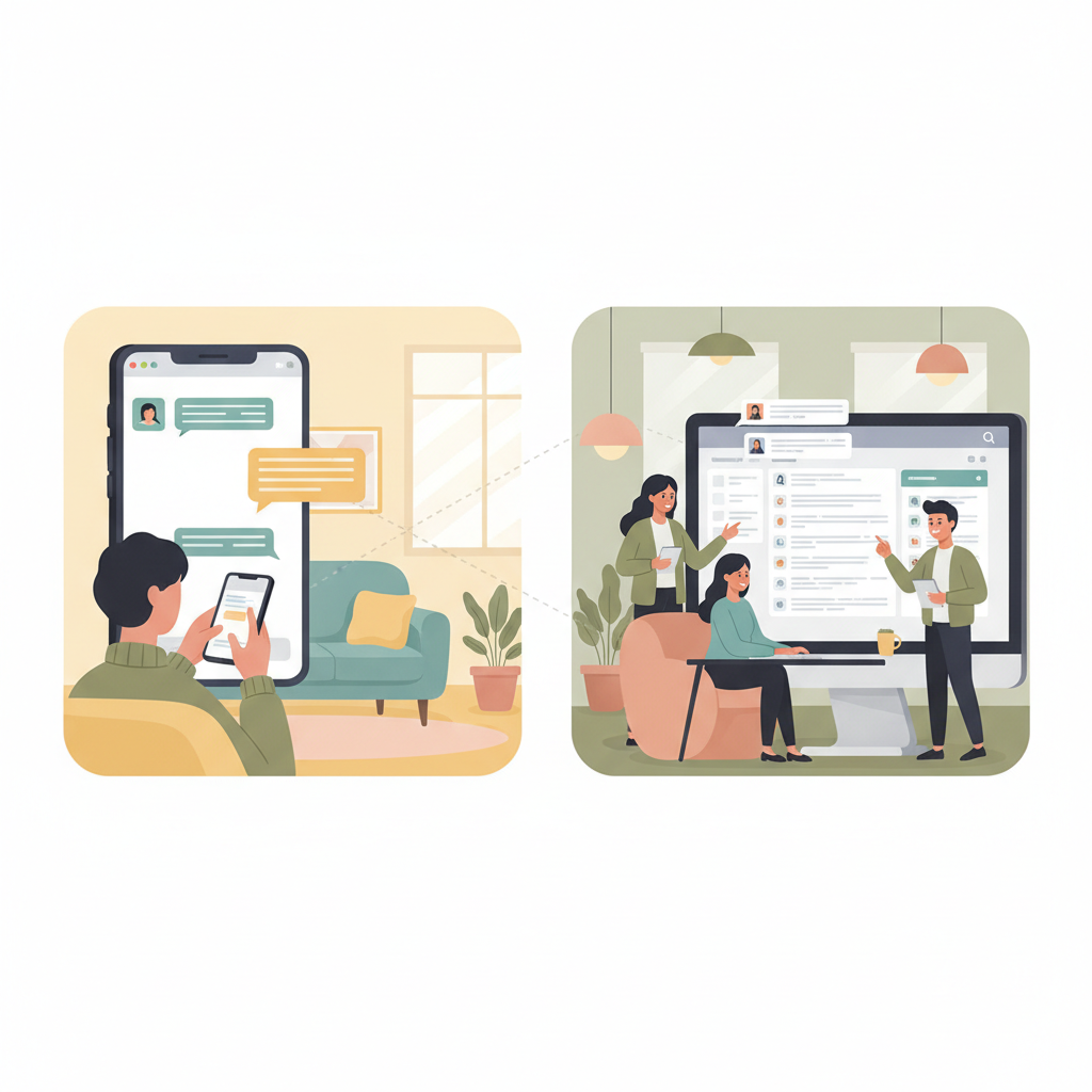 A split screen showing a customer texting on a smartphone and a business team managing the conversation from a desktop shared inbox.