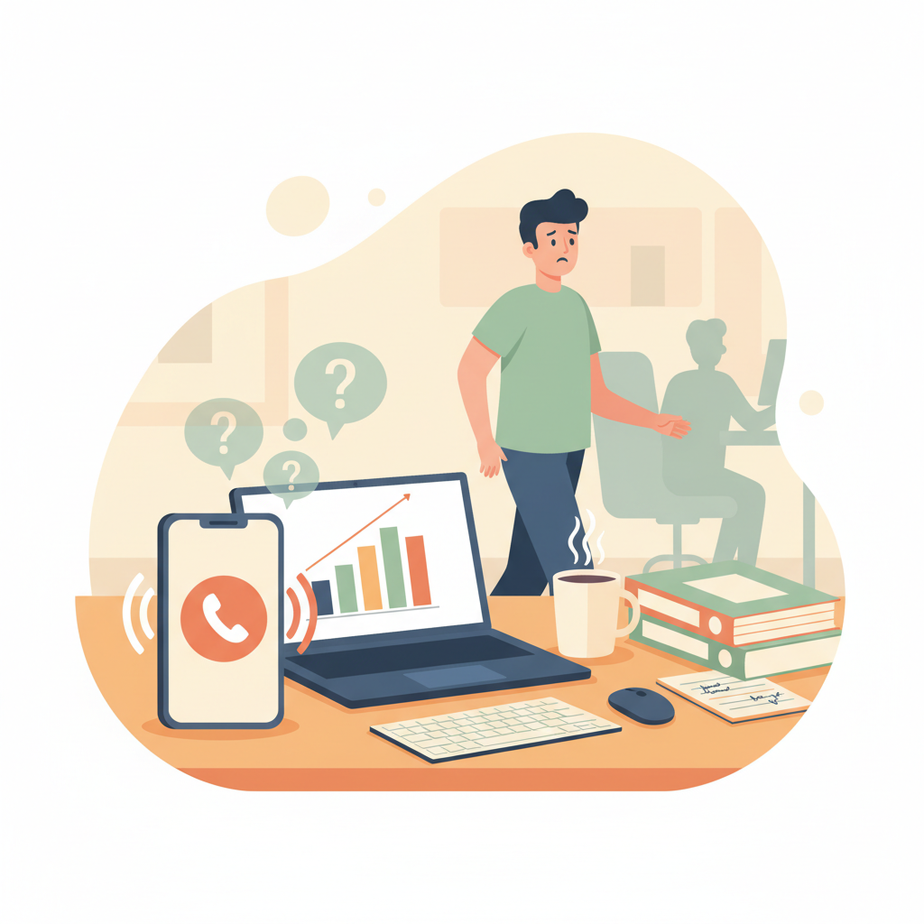 A busy office desk with a ringing smartphone, highlighting the common challenge of missed customer inquiries