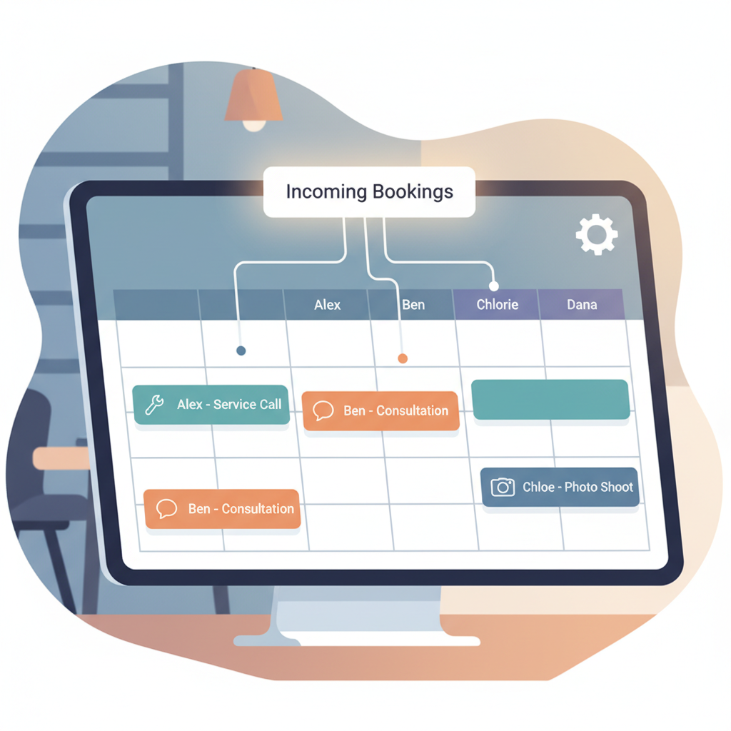 A clean, organized digital calendar showing automated bookings seamlessly routed to different staff members
