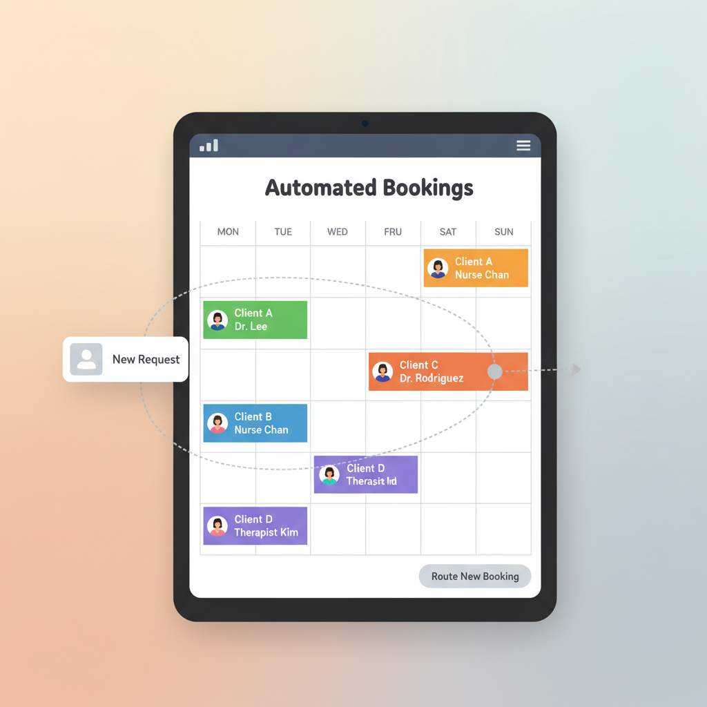 A clean, organized digital calendar showing automated bookings seamlessly routed to different staff members