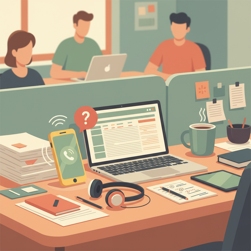 A busy office desk with a ringing smartphone, highlighting the common challenge of missed customer inquiries