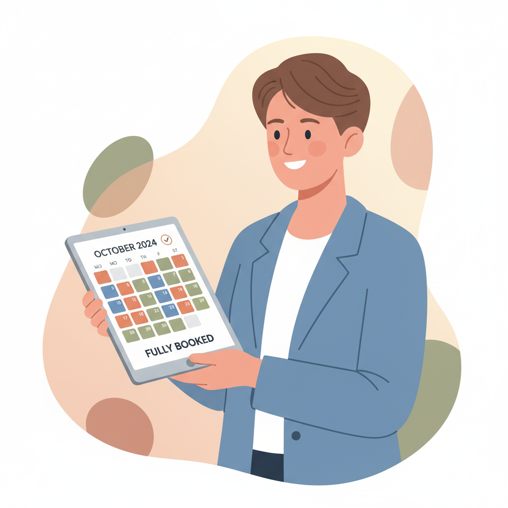 El dueño de un negocio sonriendo mientras mira un calendario digital limpio y completamente reservado en una tableta