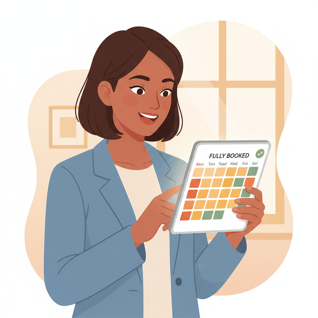 A business owner smiling while looking at a clean, fully-booked digital calendar on a tablet