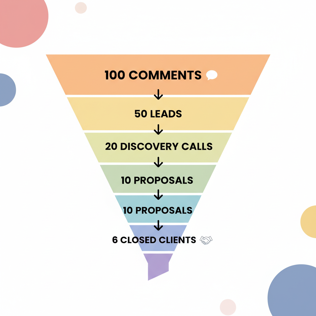 Diagram showcasing the conversion funnel from 100 comments to 6 closed clients