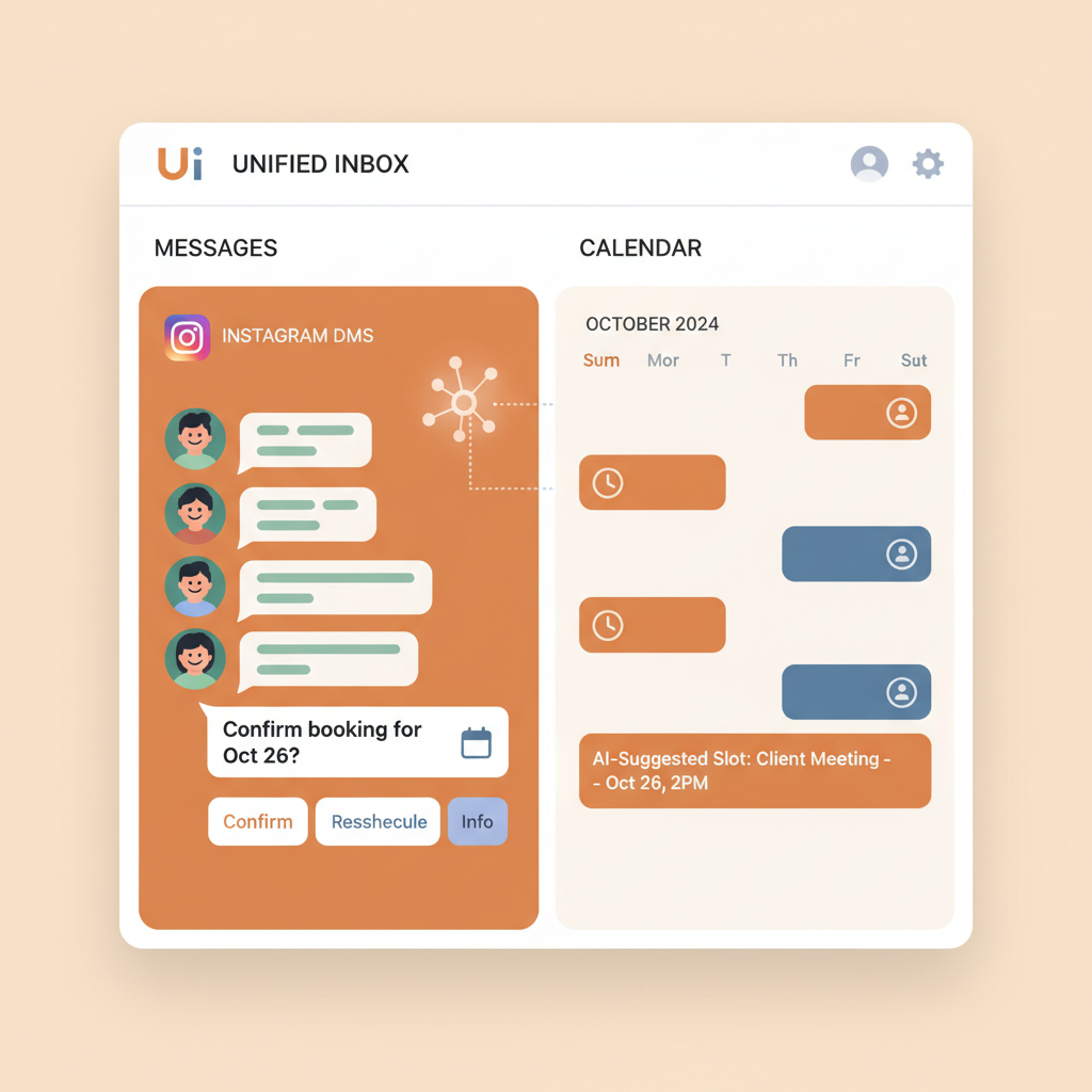 Interface of an AI-powered unified inbox managing Instagram DMs and calendar bookings