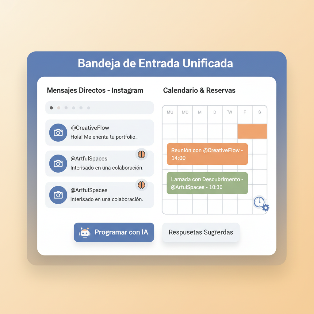 Interfaz de una bandeja de entrada unificada impulsada por IA que gestiona los DM de Instagram y las reservas de calendario