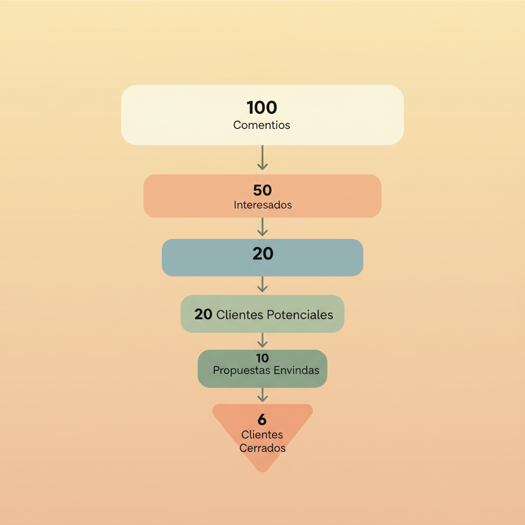 Diagrama que muestra el embudo de conversión desde 100 comentarios hasta 6 clientes cerrados