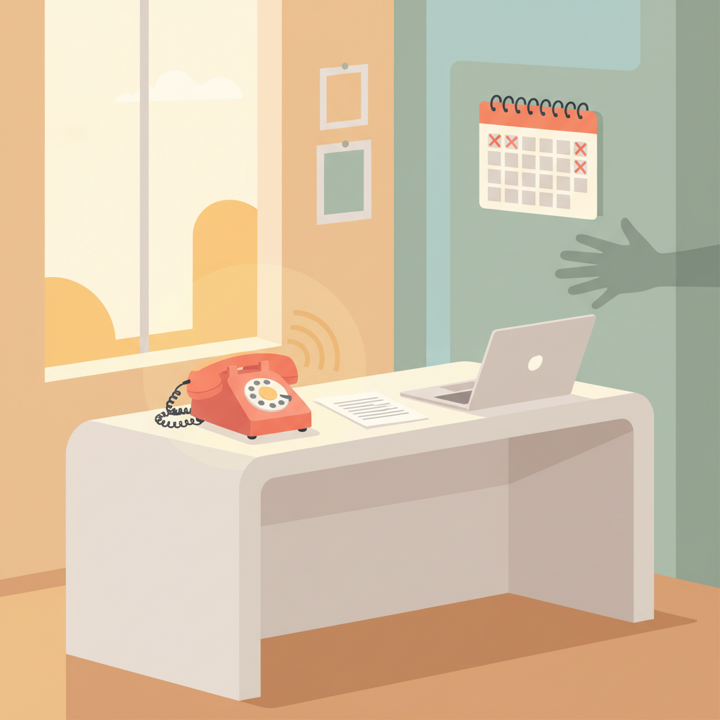 An empty reception desk with a ringing telephone, symbolizing staffing shortages and missed calls.