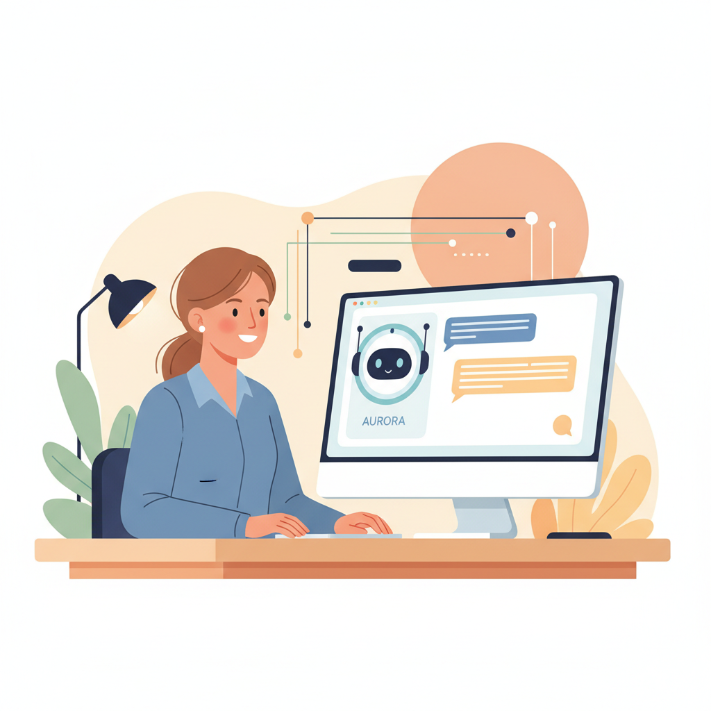 A customer service representative smiling while working alongside a computer screen displaying an AI chat assistant.