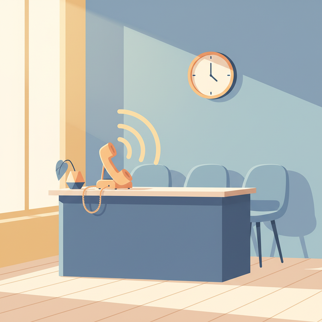 Una recepción vacía con un teléfono sonando, que simboliza la escasez de personal y las llamadas perdidas.