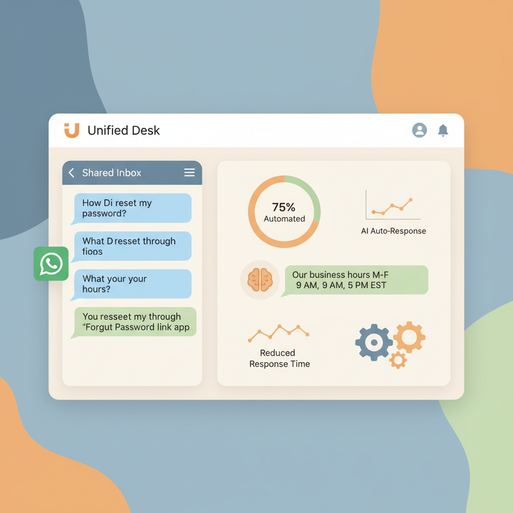 A unified dashboard showing a WhatsApp shared inbox with AI auto-responses handling customer questions