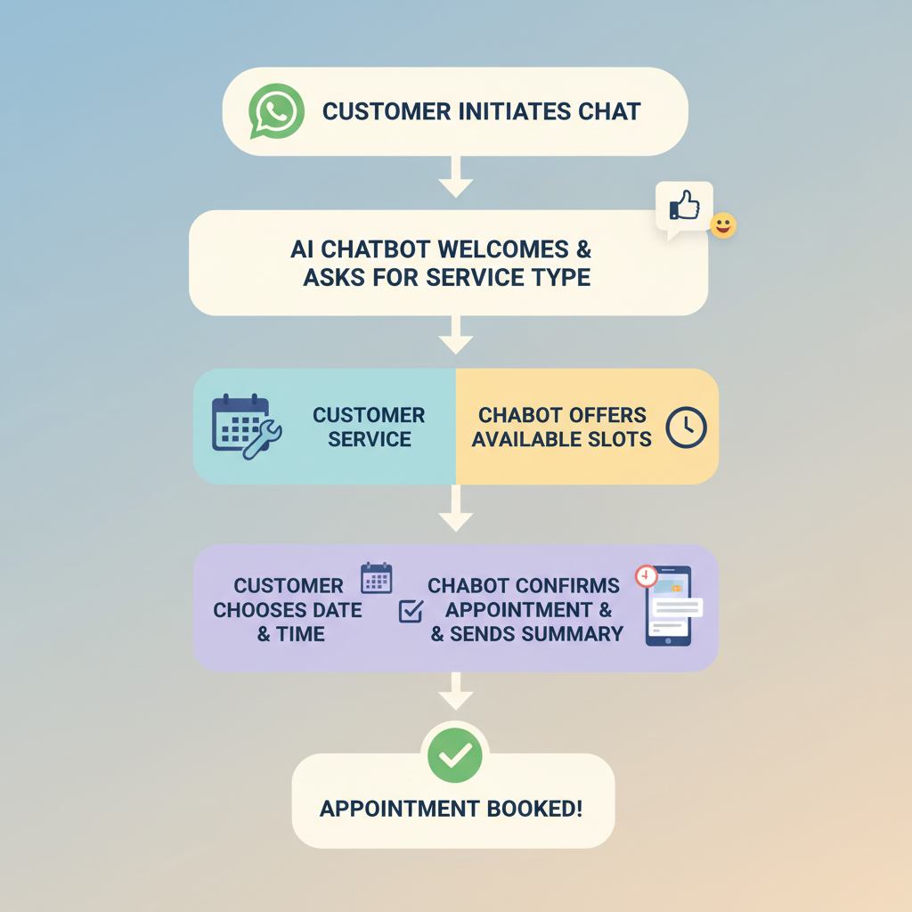 A step-by-step flowchart illustrating how a customer schedules an appointment via a WhatsApp AI chatbot