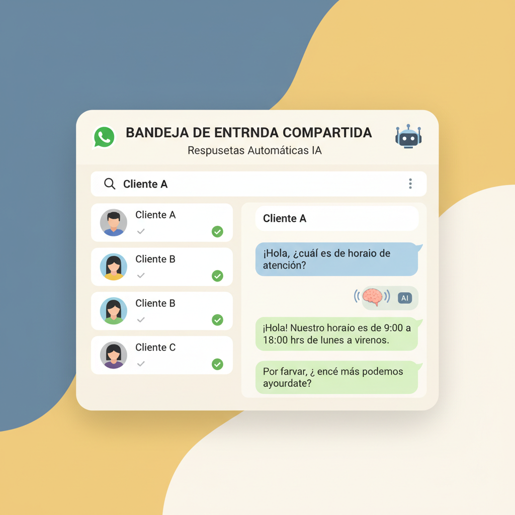 Un panel unificado que muestra una bandeja de entrada compartida de WhatsApp con respuestas automáticas de IA que gestionan las preguntas de los clientes