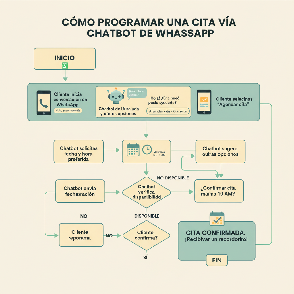 Un diagrama de flujo paso a paso que ilustra cómo un cliente programa una cita a través de un chatbot de IA en WhatsApp