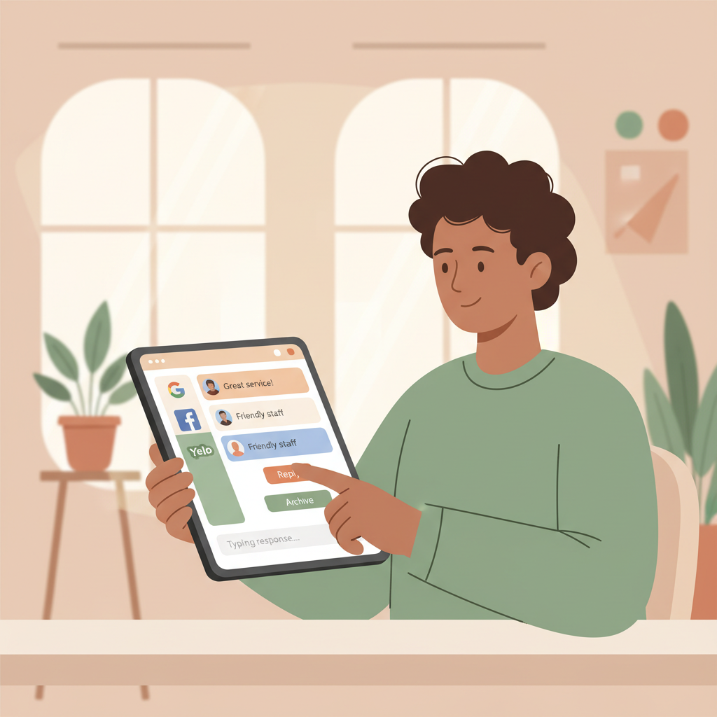 A team member responding to Google reviews in a unified messaging inbox on a tablet
