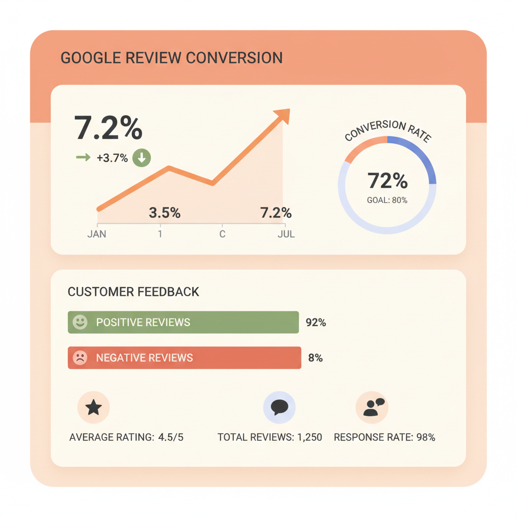 A dashboard displaying Google review conversion rates and customer feedback metrics