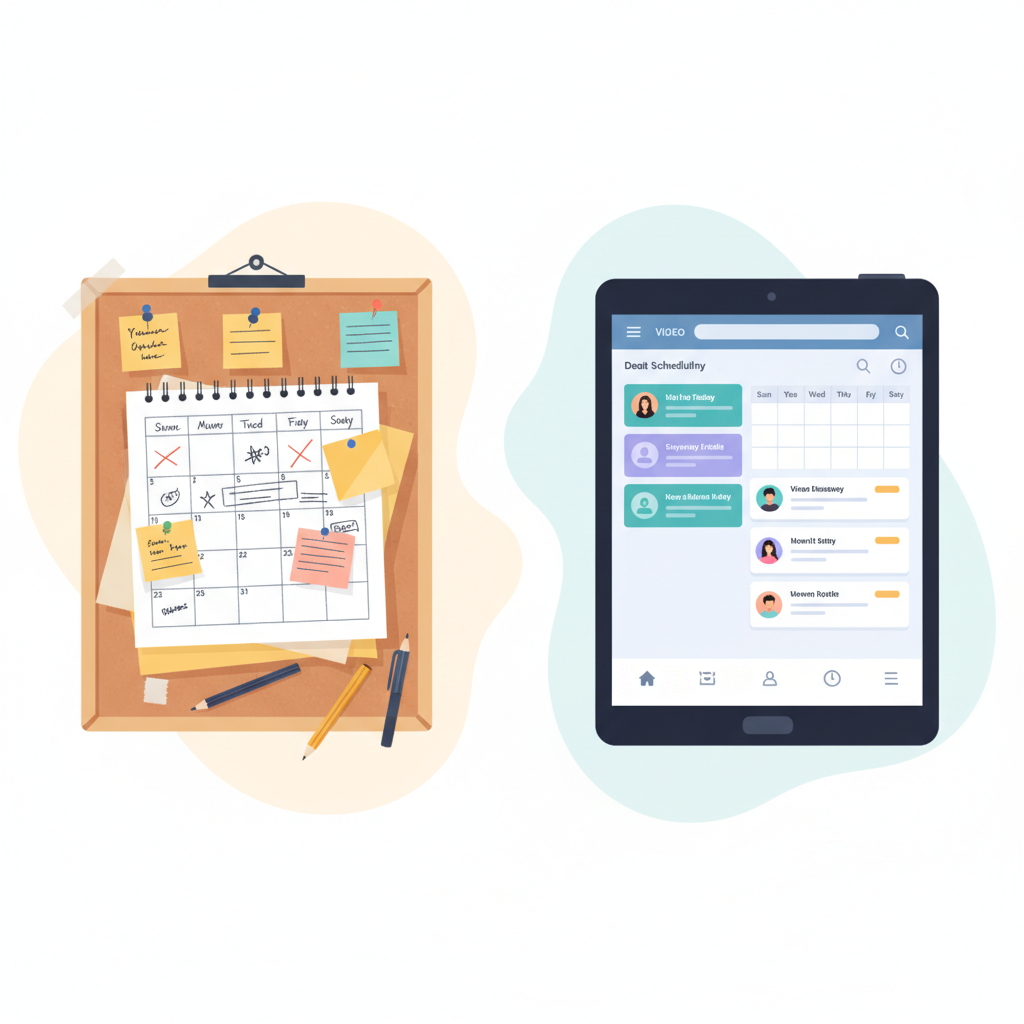 Una pantalla dividida que muestra un calendario de papel desordenado a la izquierda y un panel de programación digital limpio y organizado a la derecha.