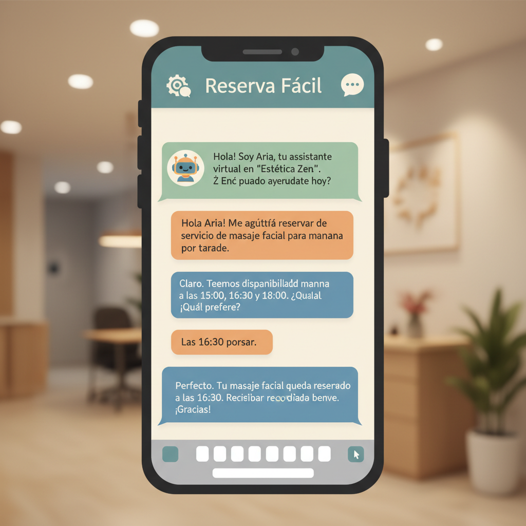 La pantalla de un teléfono inteligente que muestra una conversación instantánea y automatizada por mensaje de texto entre una recepcionista con IA y un cliente que busca reservar un servicio.