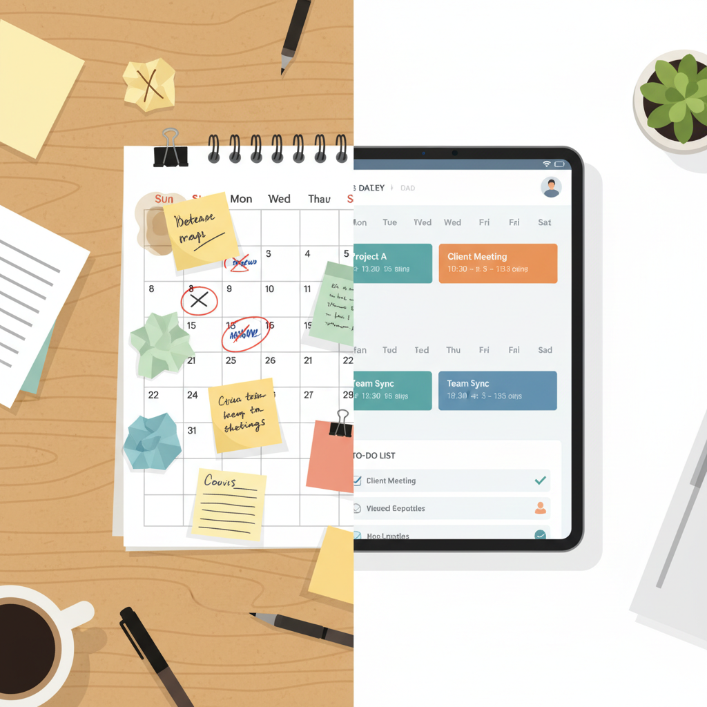A split screen showing a cluttered paper calendar on the left and a clean, organized digital scheduling dashboard on the right.