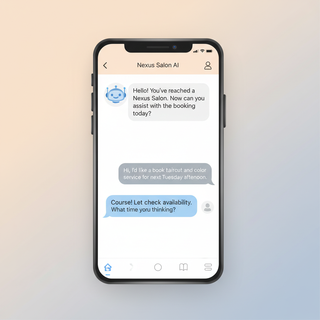 A smartphone screen displaying an instant automated text message conversation between an AI receptionist and a customer seeking to book a service.