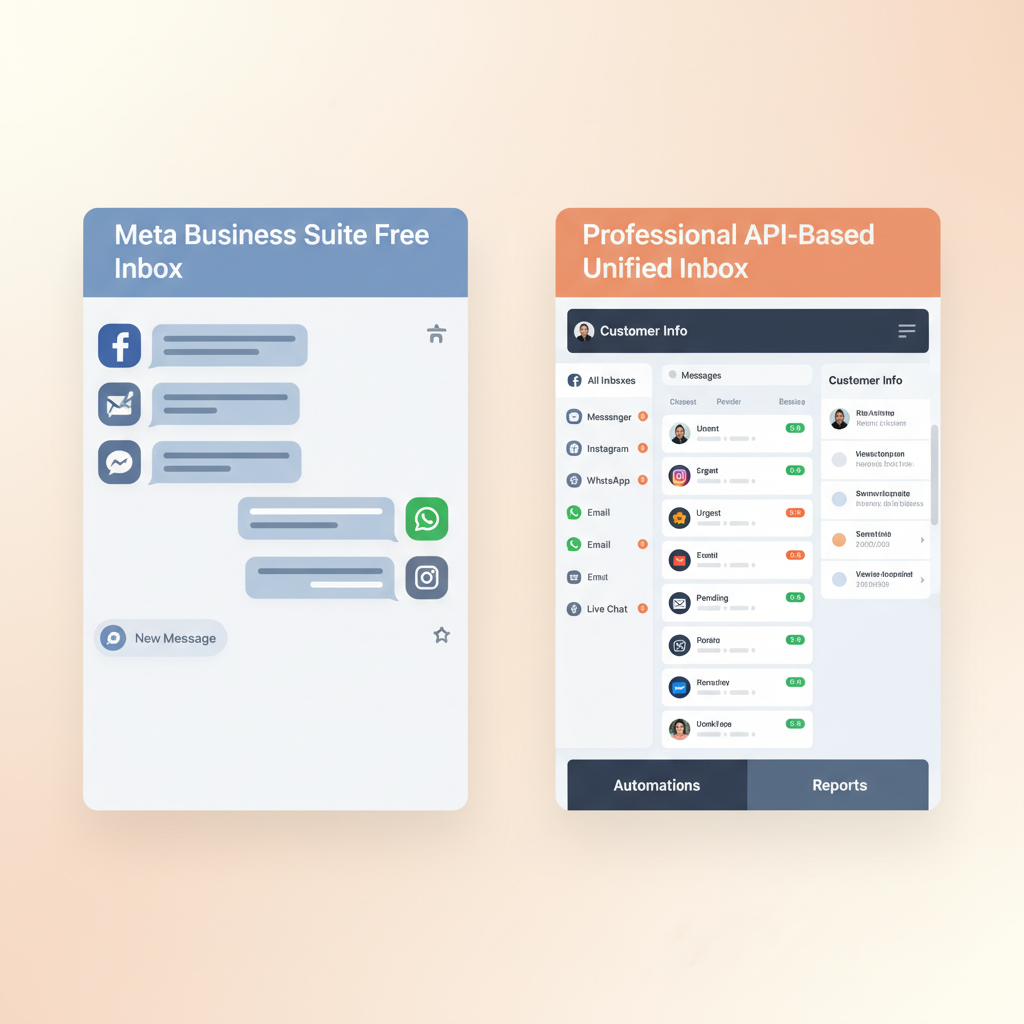 Comparison between Meta Business Suite free inbox and professional API-based unified inbox dashboards