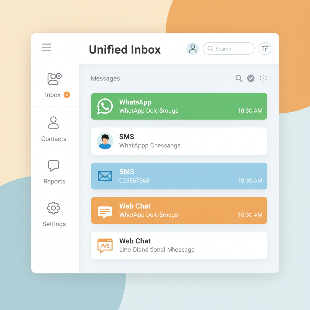 A unified inbox dashboard showing incoming messages from WhatsApp, SMS, and web chat consolidated into a single, organized stream.