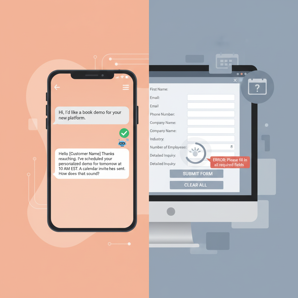 A split screen showing a customer messaging a business on WhatsApp with an instant, personalized AI response on one side, and a traditional clunky web form on the other.