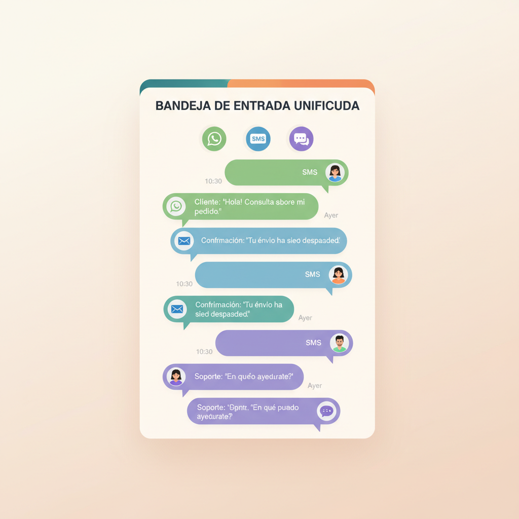 Un panel de bandeja de entrada unificada que muestra los mensajes entrantes de WhatsApp, SMS y chat web consolidados en un flujo único y organizado.