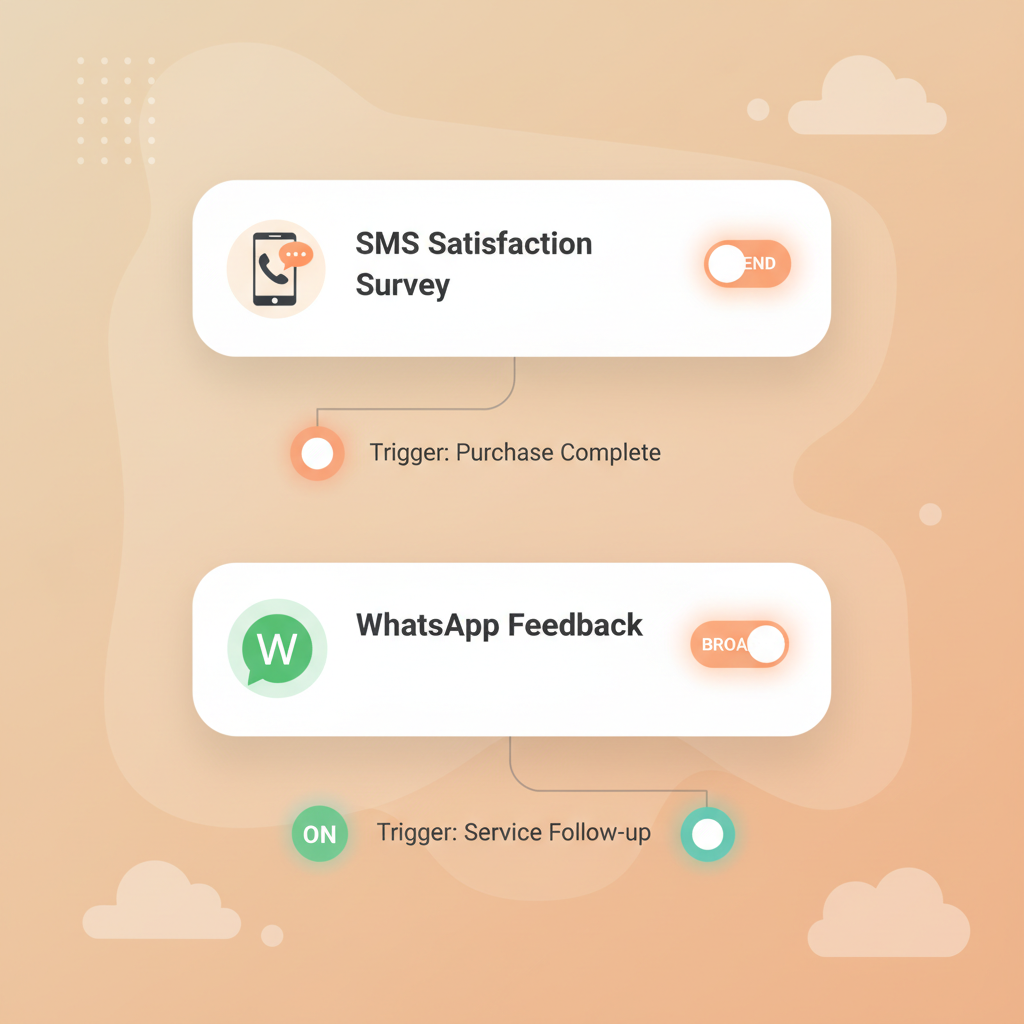 Un panel de control que muestra activadores de flujos de trabajo automatizados para enviar encuestas de satisfacción por SMS y WhatsApp.