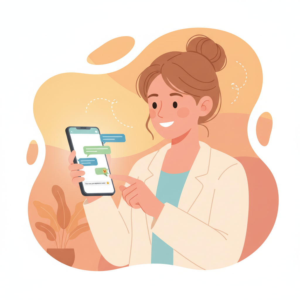 A customer smiling while responding to a conversational feedback survey on their smartphone.