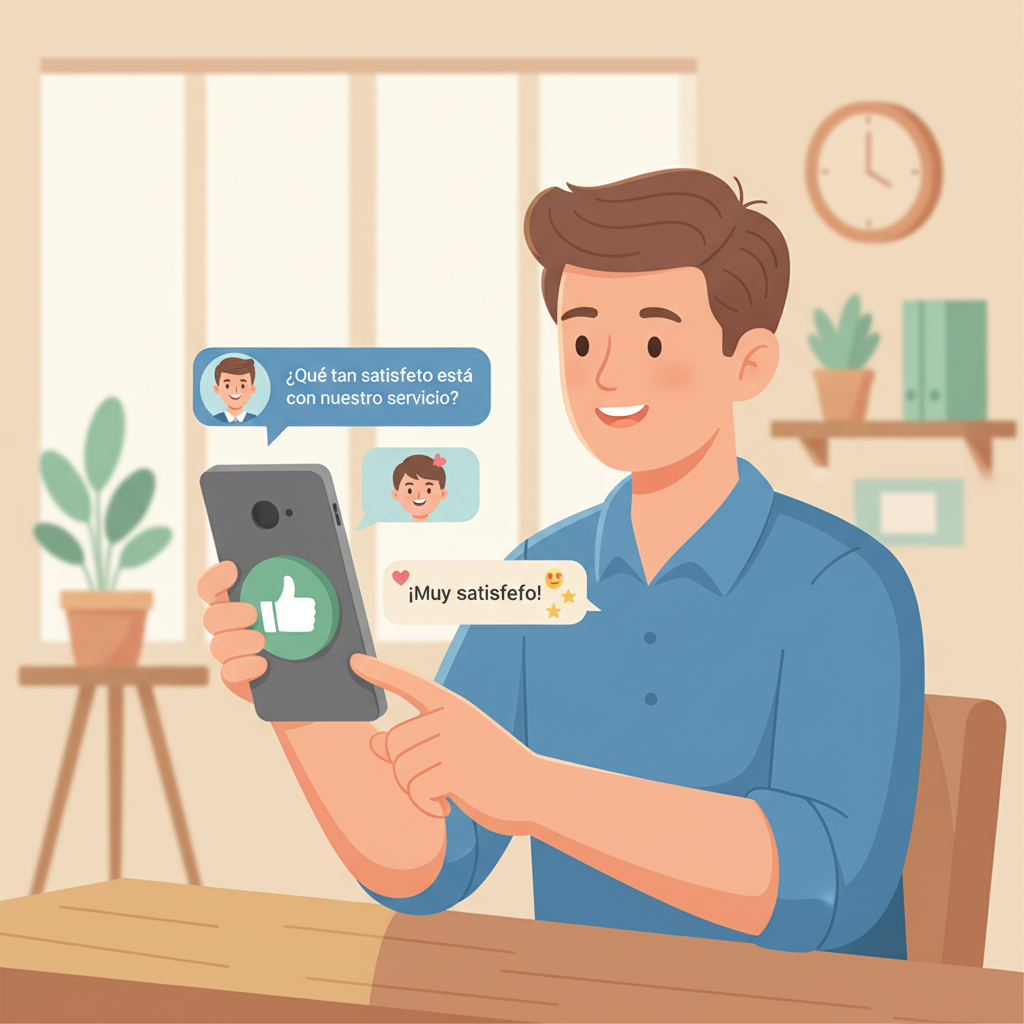 Un cliente sonriendo mientras responde a una encuesta de satisfacción conversacional en su teléfono inteligente.