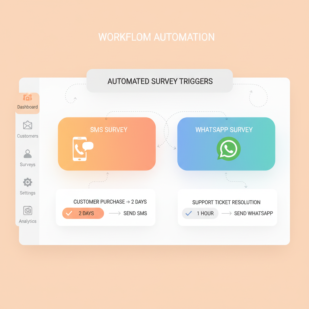 A dashboard showing automated workflow triggers for sending customer satisfaction surveys via SMS and WhatsApp.