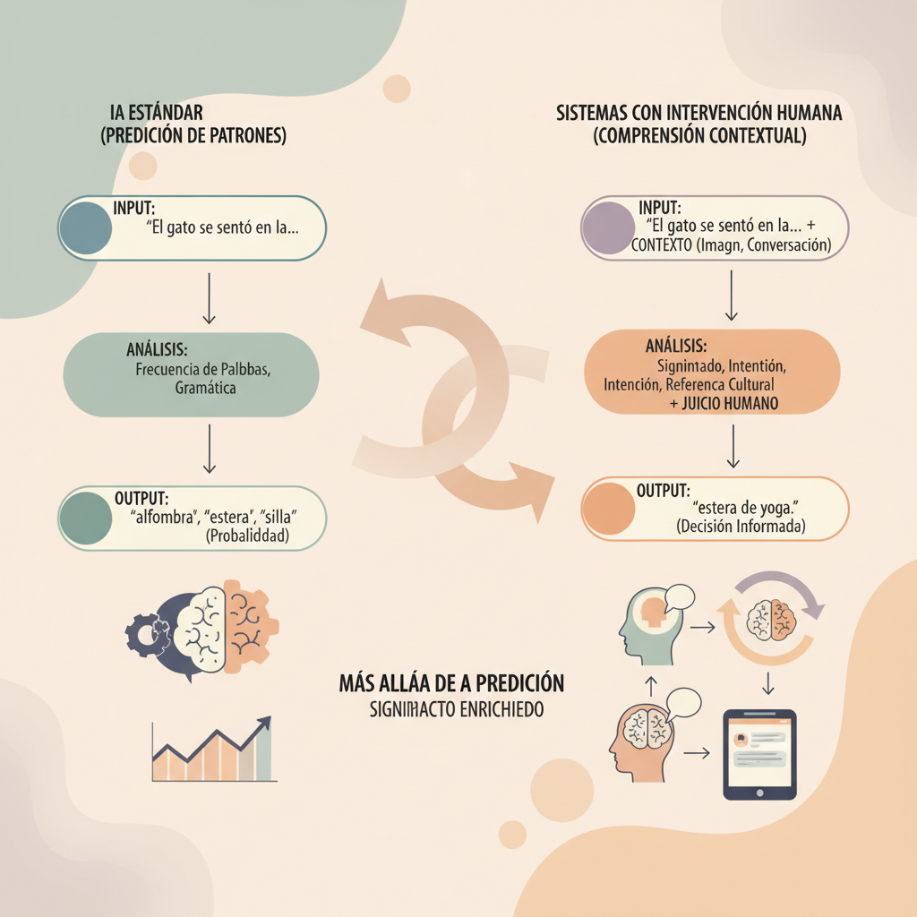 Un diagrama que muestra la diferencia entre la predicción de patrones de palabras en la IA estándar y la comprensión contextual en sistemas con intervención humana.