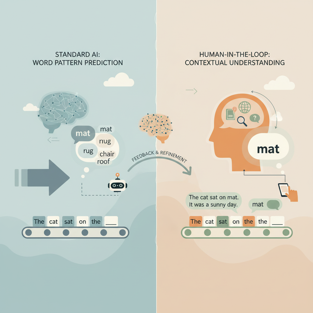 A diagram showing the difference between word pattern prediction in standard AI and contextual understanding in human-in-the-loop systems.