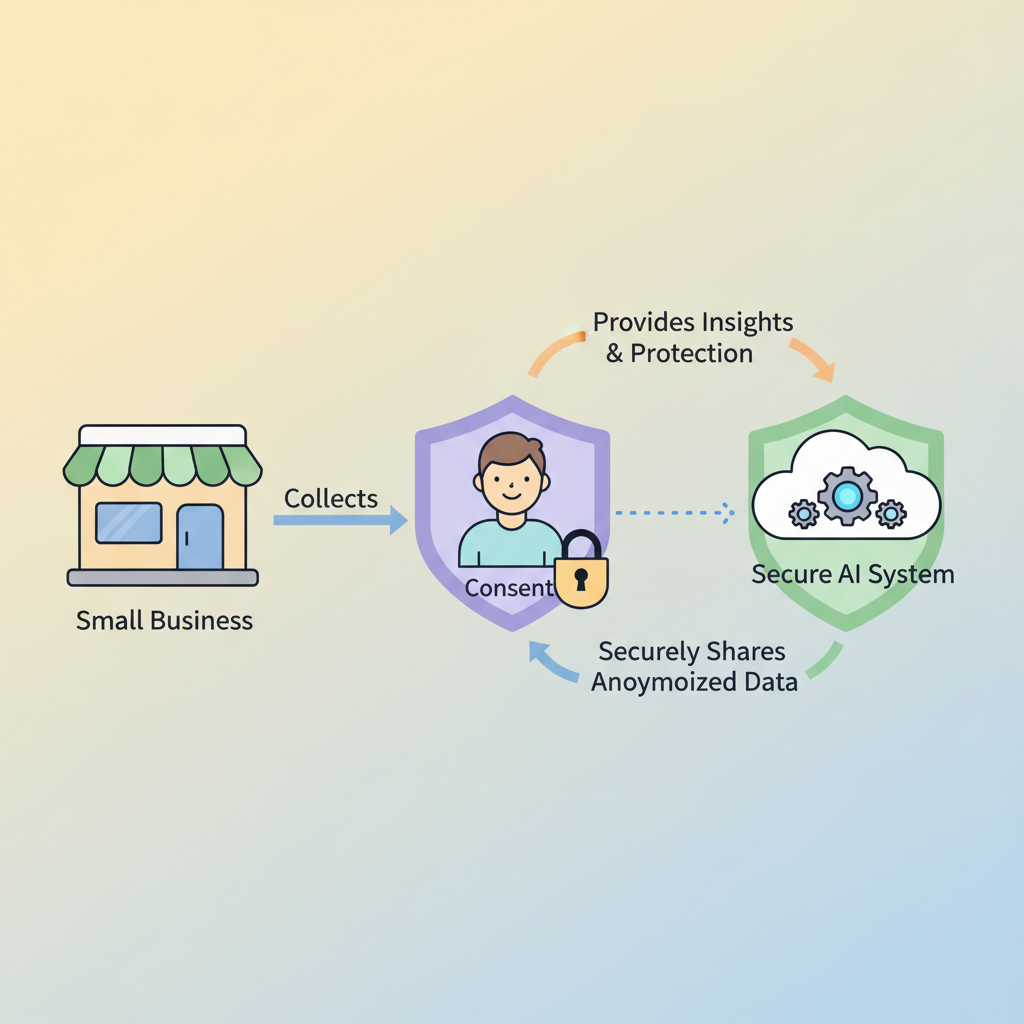 A visual representation of data privacy flow between a small business, a customer, and a secure AI system.