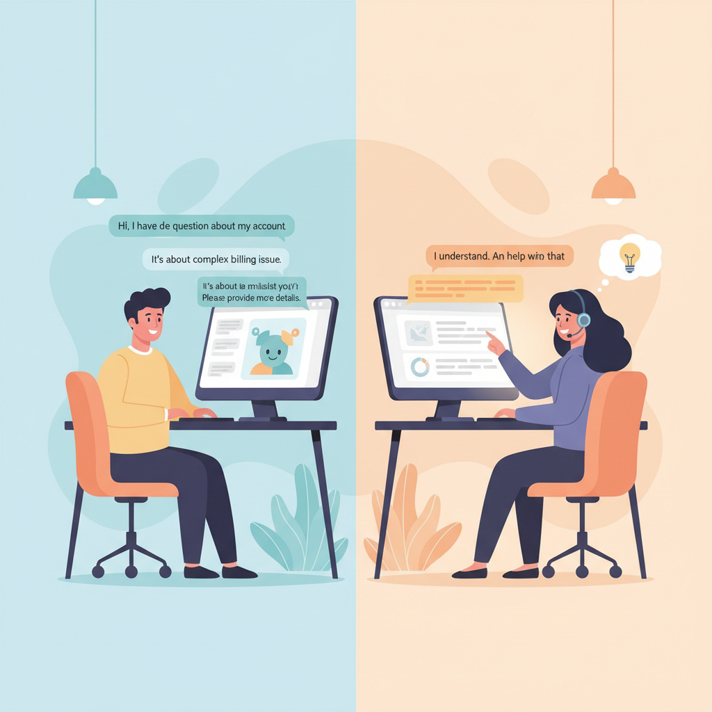A graphic showing a split screen of a customer chatting with an AI and a human agent stepping in to resolve a complex query.