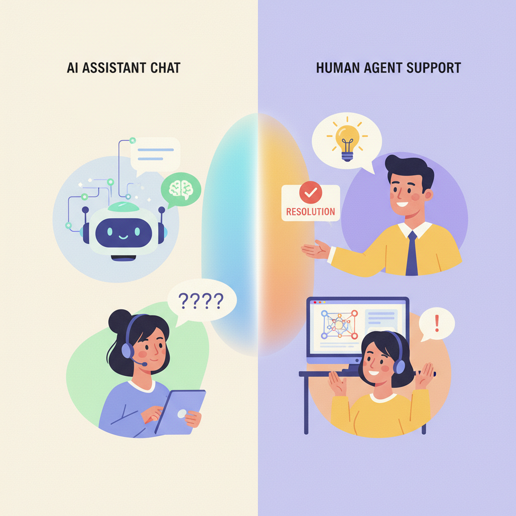 A graphic showing a split screen of a customer chatting with an AI and a human agent stepping in to resolve a complex query.