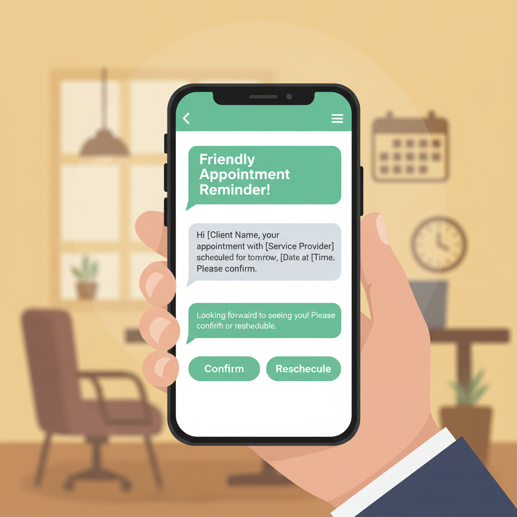 A smartphone screen showing a friendly automated WhatsApp reminder with quick-reply buttons to confirm or reschedule an appointment.