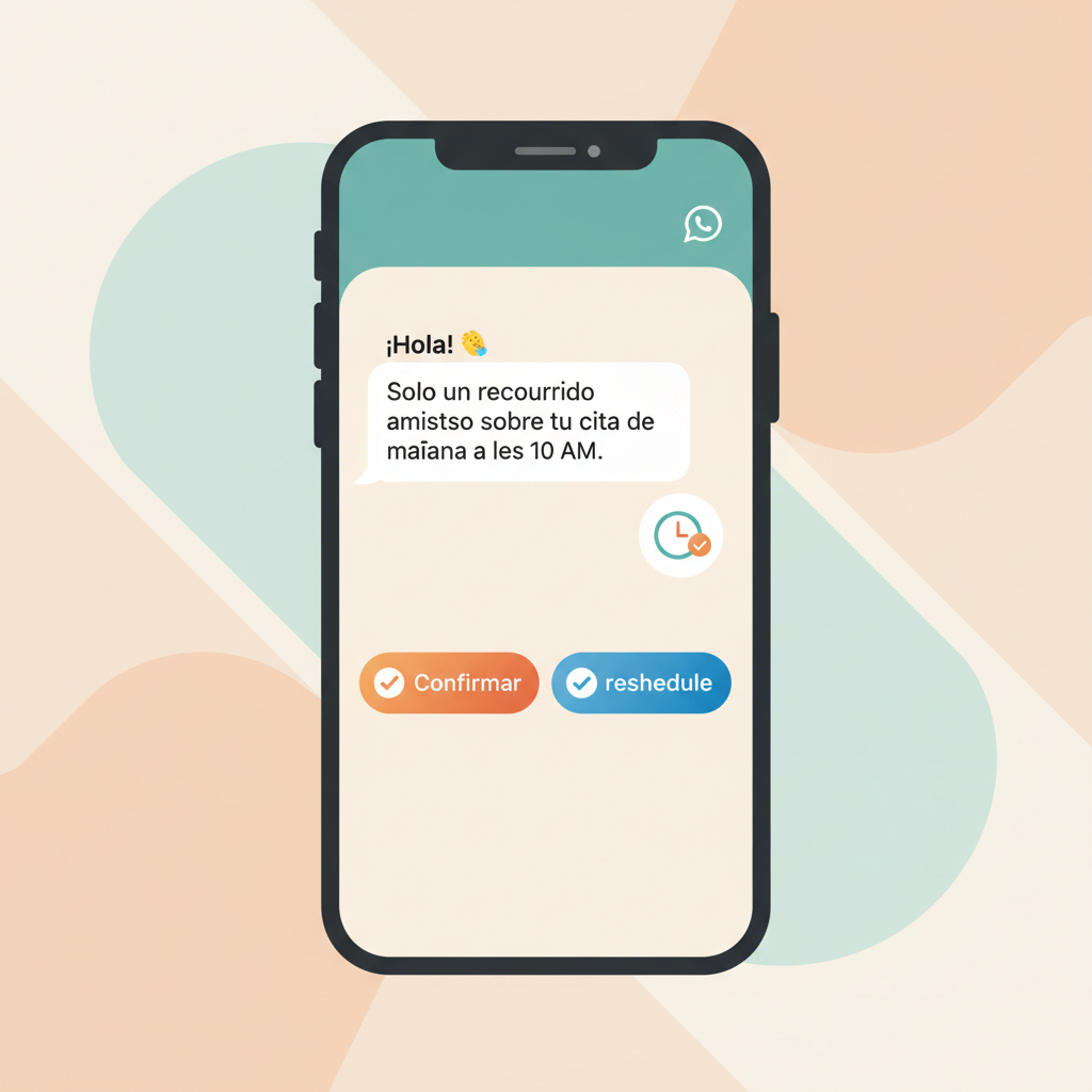 La pantalla de un teléfono inteligente que muestra un recordatorio automatizado y amigable de WhatsApp con botones de respuesta rápida para confirmar o reprogramar una cita.