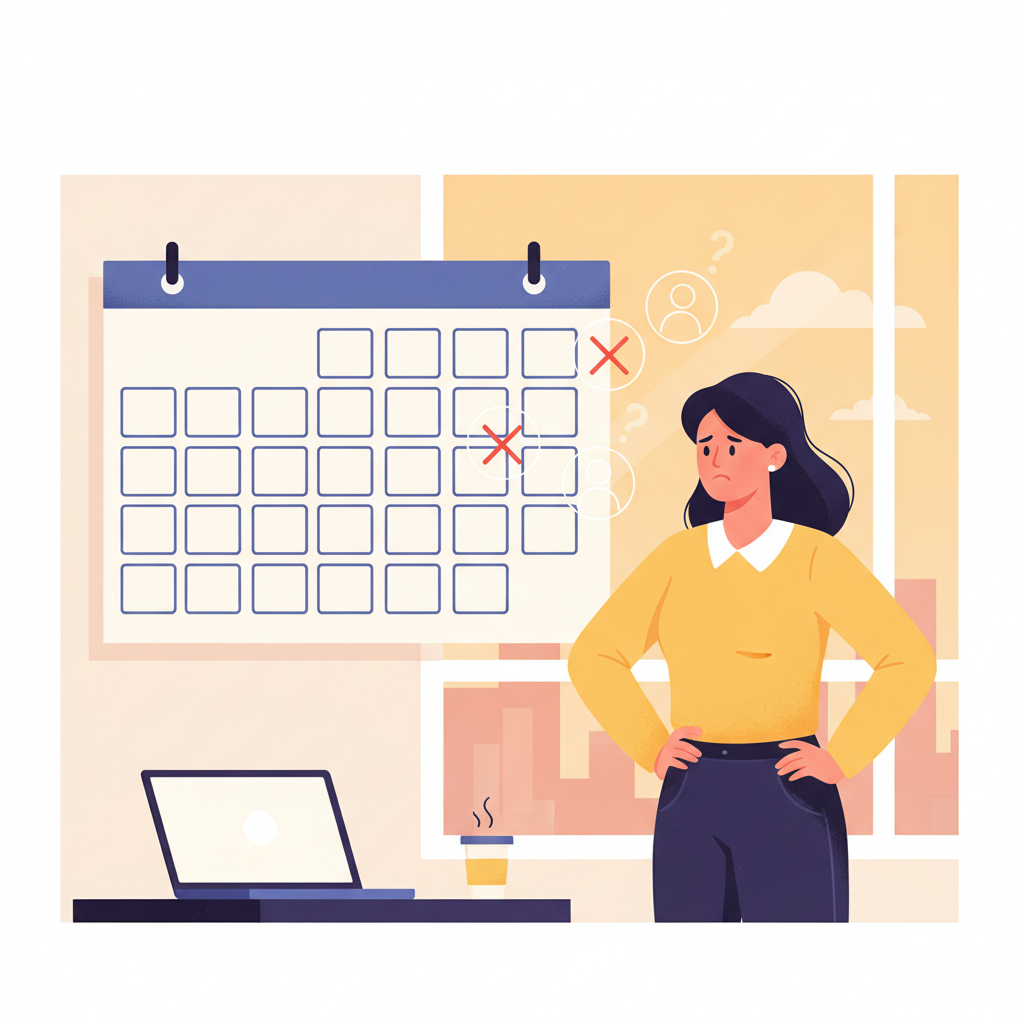A frustrated business owner looking at an empty calendar, representing the negative impact of high no-show rates.