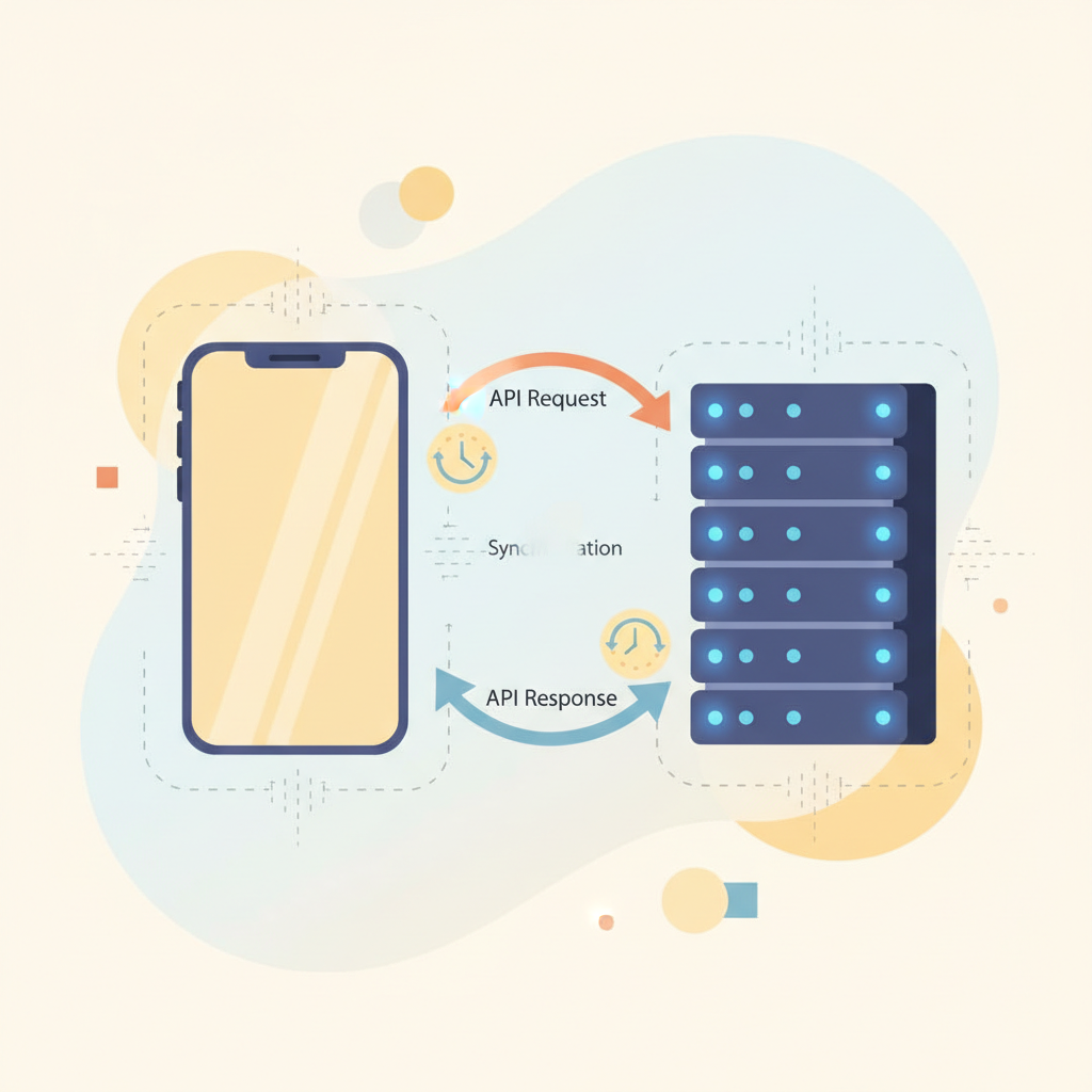 Un diagrama que muestra un teléfono inteligente y un servidor de API intercambiando mensajes de forma bidireccional con indicadores de sincronización.