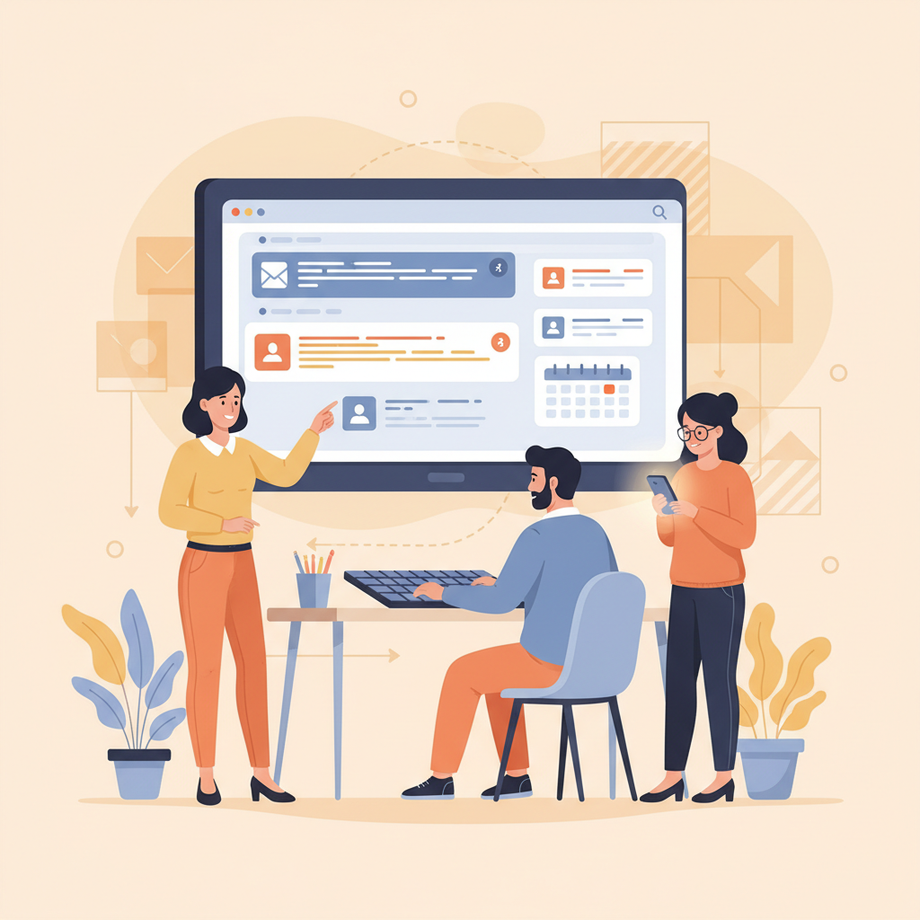 Un equipo de representantes de atención al cliente colaborando en una bandeja de entrada compartida de escritorio mientras un representante revisa su teléfono móvil, ilustrando un flujo de trabajo sincronizado.